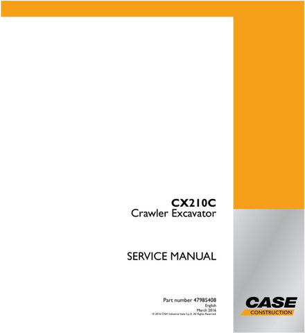 Unlock the full potential of your CASE CX210C Crawler Excavator with the comprehensive Service Manual (Part Number: 47985408) in PDF format. This essential guide provides detailed instructions, schematics, and troubleshooting tips to ensure your machine operates at peak performance. Whether you're a seasoned technician or a DIY enthusiast, this manual is designed to help you maintain, repair, and optimize your excavator efficiently. Invest in this invaluable resource today and keep your equipment running 