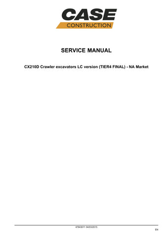 Enhance your maintenance and repair capabilities with the CASE CX210D LC Version (Tier 4 Final) Service Manual, available as a convenient PDF file (part number 47843011). This comprehensive guide provides detailed information on the operation, troubleshooting, and servicing of your excavator, ensuring you have the knowledge to keep your equipment running smoothly. With easy navigation and clear illustrations, this manual is an essential resource for professionals looking to maximize efficiency and minimize 