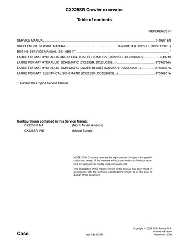 Unlock the full potential of your CASE CX225SR Crawler Excavator with our comprehensive Service Manual (9-88322) in PDF format. This essential guide provides detailed instructions, schematics, and troubleshooting tips to ensure optimal performance and maintenance of your equipment. With easy navigation and clear illustrations, you can quickly find the information you need to keep your excavator running smoothly and efficiently. Invest in this invaluable resource today and enhance the longevity and reliabili