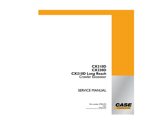 Enhance your CASE CX230D and CX210D Long Reach excavator's performance with the comprehensive Service Manual (Part Number: 47961275) available in PDF format. This essential guide provides detailed maintenance procedures, troubleshooting tips, and technical specifications to ensure your machinery operates at peak efficiency. With easy navigation and clear illustrations, this manual is a must-have resource for operators and technicians alike, empowering you to tackle repairs and maintenance with confidence. I