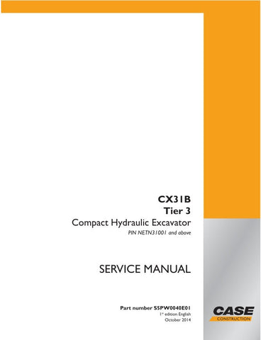 The CASE CX31B Compact Hydraulic Excavator Service Manual (S5PW0040E01) is an essential resource for operators and technicians alike. This comprehensive guide provides detailed information on maintenance, troubleshooting, and repair procedures, ensuring your excavator remains in peak condition. With clear illustrations and step-by-step instructions, you can confidently tackle any service task.