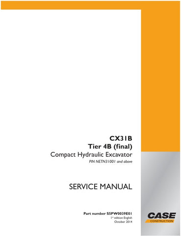 Enhance your CASE CX31B Tier 4B (Final) excavator's performance with the comprehensive Service Manual (S5PW0039E01) in PDF format. This essential guide provides detailed maintenance procedures, troubleshooting tips, and specifications tailored for models NETN31001 and up, ensuring you have the knowledge to keep your equipment running smoothly. With easy navigation and clear illustrations, this manual is a must-have resource for operators and technicians alike, empowering you to maximize efficiency and minim