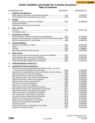 Enhance your maintenance capabilities with the CASE CX330, CX330NLC, and CX350 (TIER 3) Crawler Excavator Service Manual (9-94900EN) in PDF format. This comprehensive guide provides detailed insights into the operation, troubleshooting, and repair of your excavator, ensuring optimal performance and longevity. With easy navigation and clear illustrations, this manual is an essential resource for both seasoned professionals and DIY enthusiasts, empowering you to tackle any service task with confidence. Don't 