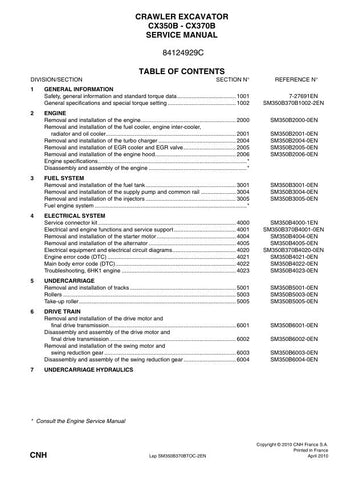 Enhance your maintenance capabilities with the CASE CX350B and CX370B Crawler Excavator Service Manual (Part No. 84124929C). This comprehensive guide is designed to provide you with detailed instructions and insights, ensuring that you can perform repairs and maintenance with confidence and precision.