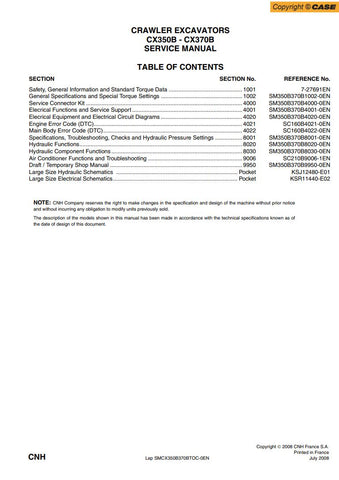 Unlock the full potential of your CASE CX350B and CX370B excavators with our comprehensive service manual in PDF format. This essential guide provides detailed instructions, schematics, and troubleshooting tips to ensure optimal performance and longevity of your machinery. With easy navigation and clear illustrations, you can quickly find the information you need to keep your excavators running smoothly. Invest in this invaluable resource today and enhance your maintenance capabilities for maximum efficienc