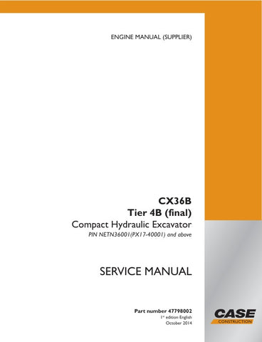 Unlock the full potential of your CASE CX36B Tier 4B (Final) engine with the comprehensive Service Manual (Part Number: 47798002) in PDF format. This essential guide provides detailed instructions, diagrams, and troubleshooting tips to ensure optimal performance and longevity of your equipment. Whether you're a seasoned technician or a DIY enthusiast, this manual is your go-to resource for efficient maintenance and repairs, helping you save time and reduce downtime. Invest in your machinery's reliability an