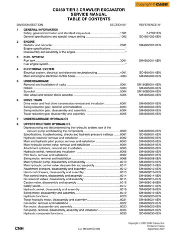 Unlock the full potential of your CASE CX460 Crawler Excavator with the comprehensive Service Manual SM460TOC-0EN, available in a convenient PDF format. This essential guide provides detailed insights into maintenance, troubleshooting, and repair procedures, ensuring your equipment operates at peak performance. With easy navigation and clear illustrations, this manual is designed for both seasoned professionals and newcomers alike, making it an invaluable resource for keeping your excavator in top condition