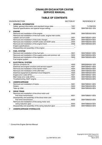 Unlock the full potential of your CASE CX470B Crawler Excavator with the comprehensive Service Manual SM470BTOC-2EN, available in a convenient PDF format. This essential guide provides detailed instructions, schematics, and troubleshooting tips to ensure optimal performance and maintenance of your equipment. With easy navigation and clear illustrations, you can quickly access the information you need to keep your excavator running smoothly and efficiently. Invest in this invaluable resource today and 
