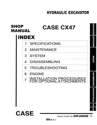 Discover the ultimate resource for maintaining your CASE CX47 Hydraulic Excavator with the comprehensive shop manual, S5PJ0002E. This essential guide is designed to provide you with detailed information on the machine's specifications, operation, and maintenance procedures, ensuring optimal performance and longevity.