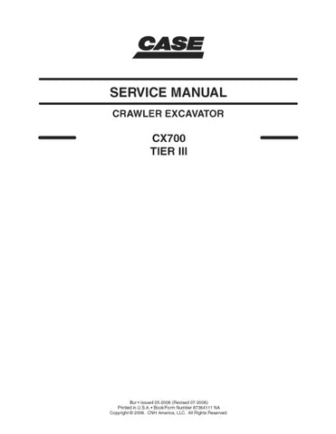  Enhance your maintenance capabilities with the CASE CX700 (TIER 3) Service Manual (Part No. 87364111) in PDF format. This comprehensive guide provides detailed insights into the operation, troubleshooting, and repair of your CASE CX700 excavator, ensuring optimal performance and longevity. With easy navigation and clear illustrations, this manual is an essential resource for technicians and operators alike, empowering you to tackle any service task with confidence. Invest in your equipment's reliability an