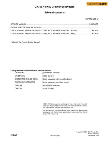 . Enhance your maintenance capabilities with the CASE CX75SR and CX80 Crawler Excavator Service Manual (Part No. 9-93290). This comprehensive guide is designed to provide you with detailed information on servicing and repairing your excavator, ensuring optimal performance and longevity.