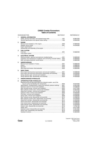 Unlock the full potential of your CASE CX800 Crawler Excavator with the comprehensive Service Manual (9-42690) in PDF format. This essential guide provides detailed instructions, schematics, and troubleshooting tips to ensure optimal performance and maintenance of your equipment. Whether you're a seasoned professional or a DIY enthusiast, this manual is designed to help you efficiently manage repairs and upkeep, saving you time and money. Don't miss out on the opportunity to enhance your excavator's longevi