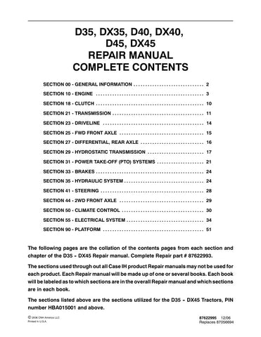 Unlock the full potential of your CASE D35, DX35, D40, DX40, D45, and DX45 tractors with the comprehensive Repair Manual (Part No. 87622995) in PDF format. This essential guide provides detailed instructions, diagrams, and troubleshooting tips to help you maintain and repair your equipment efficiently. Whether you're a seasoned mechanic or a DIY enthusiast, this manual ensures you have the knowledge and resources to keep your tractor running smoothly, saving you time and money on repairs. Download your copy