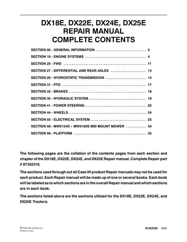 Unlock the full potential of your CASE DX18E, DX22E, DX24E, and DX25E tractors with the comprehensive Repair Manual (Part No. 87352320) in PDF format. This essential guide provides detailed instructions, diagrams, and troubleshooting tips to ensure your machinery runs smoothly and efficiently. Whether you're a seasoned mechanic or a DIY enthusiast, this manual is designed to help you tackle repairs with confidence, saving you time and money. Don't let mechanical issues slow you down download your copy today