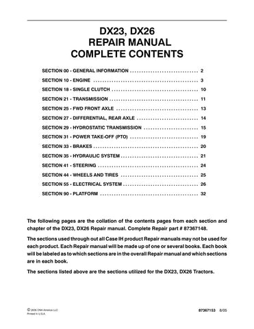 Unlock the full potential of your CASE DX23 and DX26 tractors with the comprehensive repair manual (part number 87367153) in PDF format. This essential guide provides detailed instructions, diagrams, and troubleshooting tips to help you maintain and repair your equipment efficiently. Whether you're a seasoned mechanic or a DIY enthusiast, this manual ensures you have the knowledge and resources to keep your tractor running smoothly, saving you time and money on repairs. Download your copy today and take the