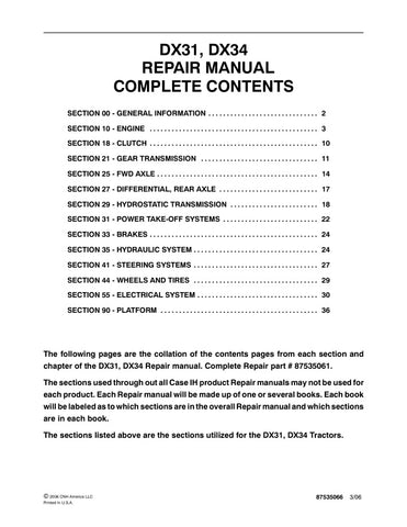 Unlock the full potential of your CASE DX31 and DX34 tractors with the comprehensive Repair Manual (87535066) in PDF format. This essential guide provides detailed instructions, diagrams, and troubleshooting tips to ensure your machinery operates at peak performance. Whether you're a seasoned mechanic or a DIY enthusiast, this manual is your go-to resource for efficient repairs and maintenance, saving you time and money while extending the life of your equipment. Download your copy today and keep your tract