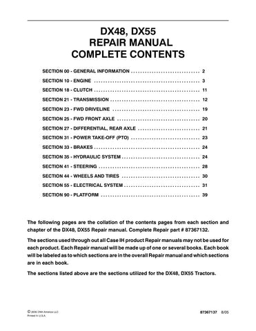 Unlock the full potential of your CASE DX48 and DX55 tractors with the comprehensive service manual (part number 87367137) in PDF format. This essential guide provides detailed instructions, diagrams, and troubleshooting tips to ensure your machinery operates at peak performance. Whether you're a seasoned mechanic or a DIY enthusiast, this manual is your go-to resource for maintenance and repairs, helping you save time and money while keeping your equipment in top shape. Don't miss out on the opportunity to