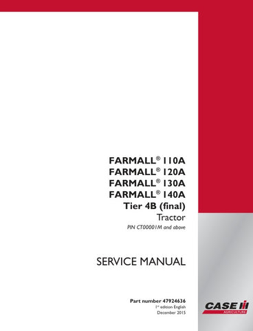 Unlock the full potential of your CASE Farmall 110A, 120A, 130A, and 140A Tier 4B (Final) tractor with the comprehensive service manual (part number 47924636) in PDF format. This essential guide provides detailed maintenance procedures, troubleshooting tips, and specifications to ensure your tractor operates at peak performance. With easy navigation and clear illustrations, you'll have the knowledge to tackle repairs and upkeep with confidence, maximizing your investment and minimizing downtime. Don't miss 