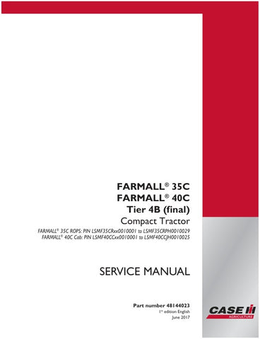  Unlock the full potential of your CASE Farmall 35C and 40C Tier 4B (Final) compact tractor with the comprehensive service manual (part number 48144023) in PDF format. This essential guide provides detailed maintenance procedures, troubleshooting tips, and specifications to ensure your tractor operates at peak performance. With easy navigation and clear illustrations, you'll have the knowledge to tackle repairs and upkeep with confidence, maximizing your investment and minimizing downtime. Don't miss out on