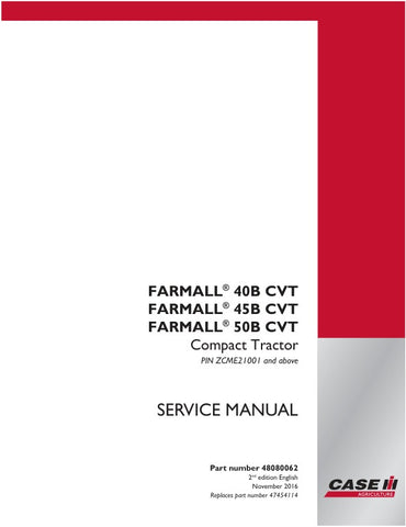 Unlock the full potential of your CASE FARMALL 40B, 45B, and 50B CVT Compact Tractors with the comprehensive Service Manual (48080062) in PDF format. This essential guide provides detailed instructions, diagrams, and troubleshooting tips to ensure your tractor operates at peak performance. Whether you're performing routine maintenance or tackling complex repairs, this manual is your go-to resource for maximizing efficiency and longevity. Invest in your equipment's reliability and keep your operations runnin