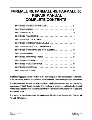 Unlock the full potential of your CASE Farmall 40, 45, and 50 tractors with the comprehensive Repair Manual (Part No. 87473199) in PDF format. This essential guide provides detailed instructions, diagrams, and troubleshooting tips to help you maintain and repair your equipment efficiently. Whether you're a seasoned mechanic or a DIY enthusiast, this manual ensures you have the knowledge and resources to keep your tractor running smoothly, saving you time and money on repairs. Don't let mechanical issues slo