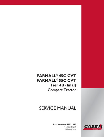 Unlock the full potential of your CASE FARMALL 45C and 55C CVT Tier 4B Compact Tractors with the comprehensive Service Manual (Part No. 47851945). This PDF file is an essential resource for both seasoned mechanics and DIY enthusiasts, providing detailed instructions, schematics, and troubleshooting tips to keep your tractor running smoothly. With easy navigation and clear illustrations, you can quickly find the information you need to perform maintenance, repairs, and upgrades, ensuring optimal performance 
