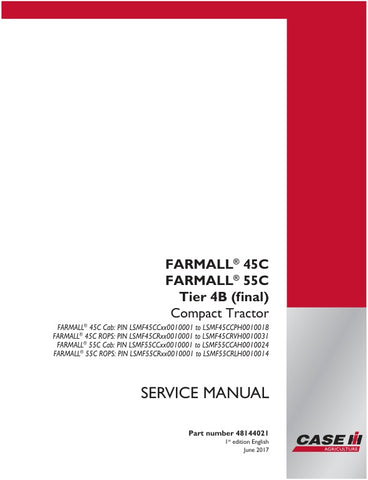 Unlock the full potential of your CASE Farmall 45C and 55C Tier 4B Compact Tractors with the comprehensive Service Manual (48144021) in PDF format. This essential guide provides detailed maintenance procedures, troubleshooting tips, and specifications to ensure your tractor operates at peak performance. With easy navigation and clear illustrations, you'll have the knowledge to tackle repairs and upkeep efficiently, saving you time and money. Invest in your equipment's longevity and reliability download your