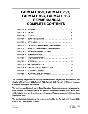 Unlock the full potential of your CASE Farmall 65C, 75C, 85C, and 95C tractors with the comprehensive Repair Manual (Part No. 87758606) in PDF format. This essential guide provides detailed instructions, diagrams, and troubleshooting tips to help you maintain and repair your equipment efficiently. Whether you're a seasoned mechanic or a DIY enthusiast, this manual ensures you have the knowledge and resources to keep your tractor running smoothly, saving you time and money on repairs. Don't miss out on the o