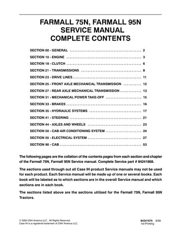 Unlock the full potential of your CASE FARMALL 75N and 95N tractors with the comprehensive Service Manual (PDF file 84241675). This essential guide provides detailed instructions, diagrams, and troubleshooting tips to ensure your equipment runs smoothly and efficiently. Whether you're performing routine maintenance or tackling complex repairs, this manual is your go-to resource for maximizing performance and longevity. Invest in your machinery's upkeep and keep your operations running seamlessly with this
