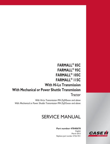  Enhance your maintenance capabilities with the CASE Farmall 85C, 95C, 105C, and 115C Service Manual (PDF file) featuring detailed guidance on Hi-Lo transmission and mechanical or power shuttle transmission. This comprehensive manual is designed to provide you with essential insights and step-by-step instructions, ensuring your equipment operates at peak performance. With easy navigation and clear illustrations, you can quickly troubleshoot issues and perform necessary repairs, saving you time and money. In
