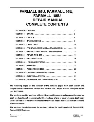 Unlock the full potential of your CASE Farmall 85U, 95U, and 105U tractors with our comprehensive Repair Manual (PDF file 87758616). This essential guide provides detailed instructions, diagrams, and troubleshooting tips to help you maintain and repair your equipment efficiently. Whether you're a seasoned mechanic or a DIY enthusiast, this manual ensures you have the knowledge and resources to keep your tractor running smoothly, saving you time and money on repairs. Don't let minor issues turn into major pr