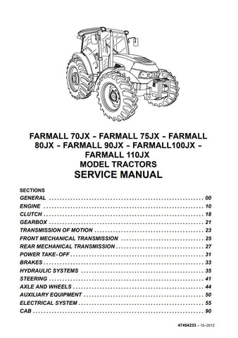 Unlock the full potential of your CASE IH FARMALL tractors with the comprehensive Service Manual (Part Number: 47454233). Designed specifically for models 110JX, 100JX, 90JX, 80JX, 75JX, and 70JX, this manual is an essential resource for both seasoned professionals and DIY enthusiasts.