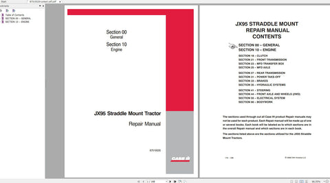 Discover the ultimate resource for maintaining your CASE IH JX95 Starddle Mount Tractor with our comprehensive PDF Repair Manual. This digital guide is designed to provide you with detailed instructions, diagrams, and troubleshooting tips to keep your tractor running smoothly and efficiently.