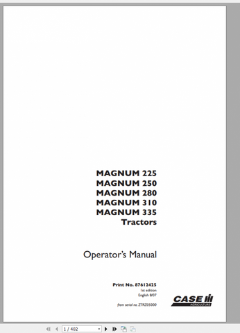 Unlock the full potential of your CASE IH MAGNUM 225 and 335 tractors with the comprehensive Operator Manual (Part Number: 87612425). This PDF file is an essential resource