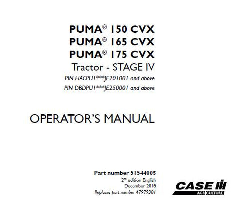 DISCOVER THE ESSENTIAL CASE IH PUMA 150 CVT, PUMA 165 CVT, AND PUMA 175 CVT STAGE IV TRACTOR OPERATOR’S MANUAL, AVAILABLE IN A CONVENIENT PDF FORMAT.
