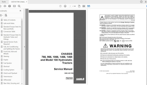 Unlock the full potential of your CASE IH tractor with the comprehensive Chassis Service Manual GSS-14311R0. This PDF file is specifically designed for models 766, 966, 1066, 1466, and 1468, providing you with detailed insights and step-by-step instructions
