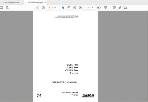 Enhance your farming efficiency with the CASE IH TRACTOR CS85 PRO, CS95 PRO, CS105 PRO Operator’s Manual. This comprehensive PDF file is designed to provide you with essential