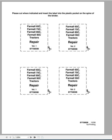 Unlock the full potential of your CASE IH Farmall 65C, 75C, 85C, and 95C tractors with the comprehensive Service Manual (Part No. 87758598). This PDF file is an essential resource for both