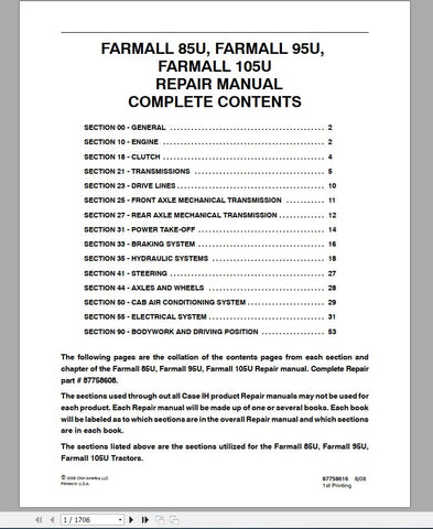 Unlock the full potential of your CASE IH Farmall 85U, 95U, and 105U tractors with the comprehensive Service Manual (Part No. 87758608). This PDF file is an essential resource for both