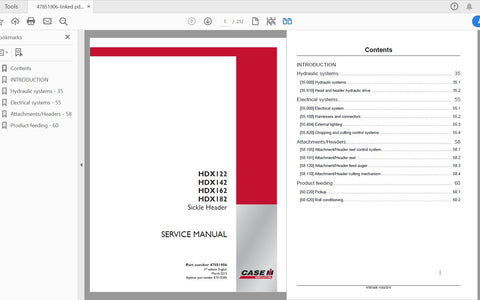 Enhance your farming efficiency with the CASE IH TRACTOR HDX Sickle Header Service Manual (Models HDX122, HDX142, HDX162, HDX182). This comprehensive PDF file is designed