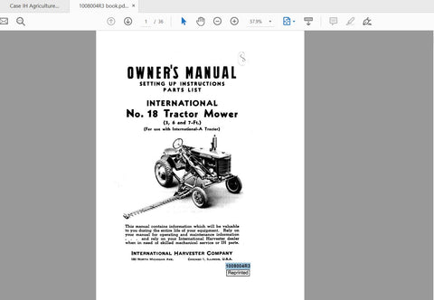 Unlock the full potential of your CASE IH Tractor with the International No. 18 NA Tractor Mower Operator’s Manual. This comprehensive PDF file is designed to provide you with essential
