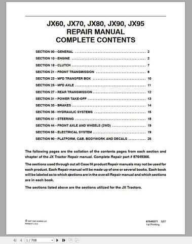 Unlock the full potential of your CASE IH tractor with the JX60, JX70, JX80, JX90, and JX95 Service Manual (Part No. 87649366). This comprehensive PDF file is your go-to resource for detailed maintenance and repair information, ensuring your equipment
