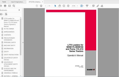 Discover the essential CASE IH Tractor L770 Loaders Operator’s Manual, specifically designed for MXM175, MXM190, and Puma tractors. This comprehensive PDF file provides you with detailed instructions and insights to maximize the performance