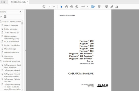 Discover the essential CASE IH Tractor Magnum Operator’s Manual, designed specifically for models 250, 280, 310, 340, and 380, including the Magnum Rowtrac series. This comprehensive