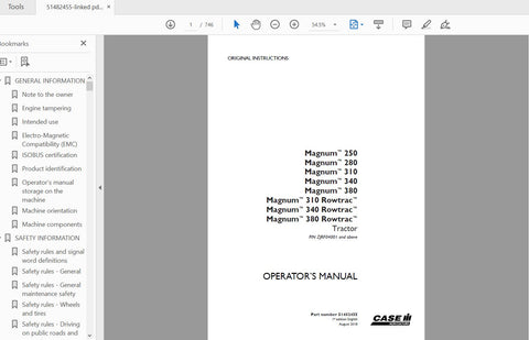 Discover the essential CASE IH Tractor Magnum Operator’s Manual, designed specifically for models 250, 280, 310, 340, and 380, including the Magnum Rowtrac series. This comprehensive