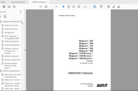 Discover the essential CASE IH TRACTOR MAGNUM™ Operator’s Manual, designed specifically for models 250, 280, 310, 340, and 380, including the MAGNUM™ 310, 340, and 380 ROWTRAC™ TIER 4B (FINAL). This comprehensive PDF file