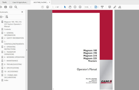 Unlock the full potential of your CASE IH Magnum Mid Range Tractor with the comprehensive Operator’s Manual (PDF file) for models 180, 190, 210, and 225. This essential guide provides detailed insights into the Powershift and CVT systems, ensuring you maximize