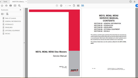 Discover the ultimate resource for maintaining your CASE IH MD72, MD82, and MD92 Disc Mowers with the comprehensive Service Manual (Part No. 84207378). This PDF file is designed to provide you with detailed instructions, diagrams, and troubleshooting