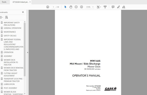 Discover the ultimate guide for your CASE IH Tractor with the MW166S Mid Mount Side Discharge Mower Deck Operator’s Manual. This comprehensive PDF file is designed to enhance your mowing experience, providing you with essential information and detailed instructions to ensure optimal performance and maintenance of your equipment.