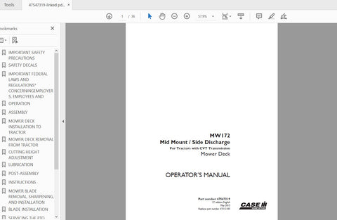 Discover the essential CASE IH Tractor MW172 Mid Mount Side Discharge Operator’s Manual, designed to enhance your operational efficiency and ensure optimal performance. This comprehensive PDF file provides detailed instructions and insights tailored specifically for the MW172 model, making it an invaluable resource for both new and experienced operators.

